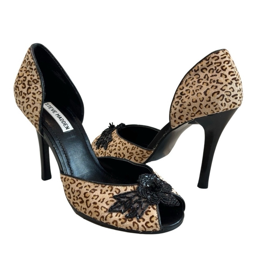 Steve Madden Tweed Animal Print Mohair‎ High Heel Peep Toe with Sequin Flowers